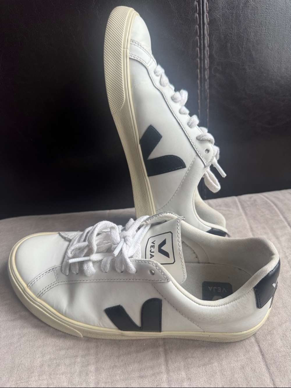 Veja White Leather Sneakers with Black V Detail
